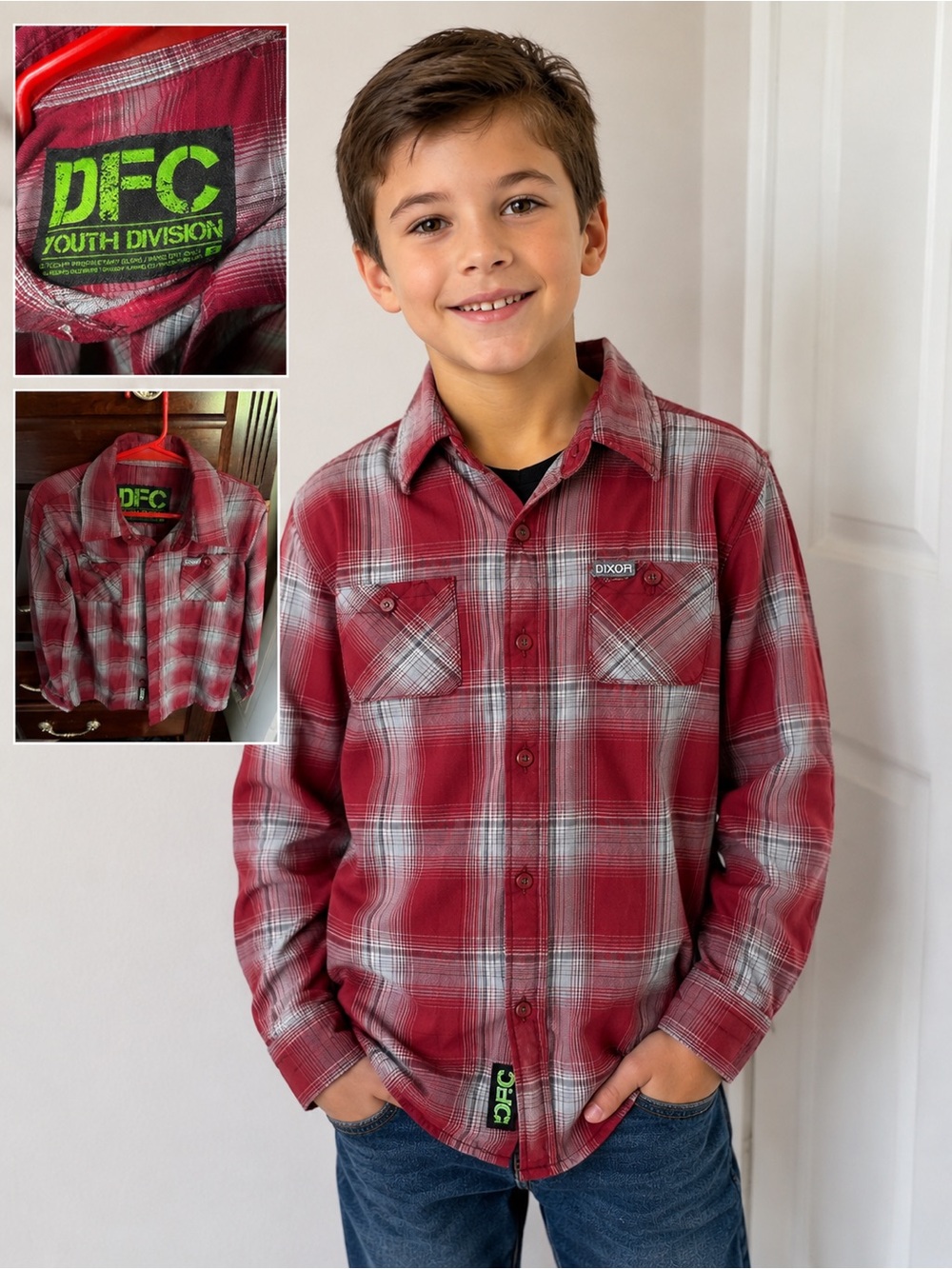 Dixxon Flannel Youth Boys Small Red Gray Plaid Button-Up Shirt